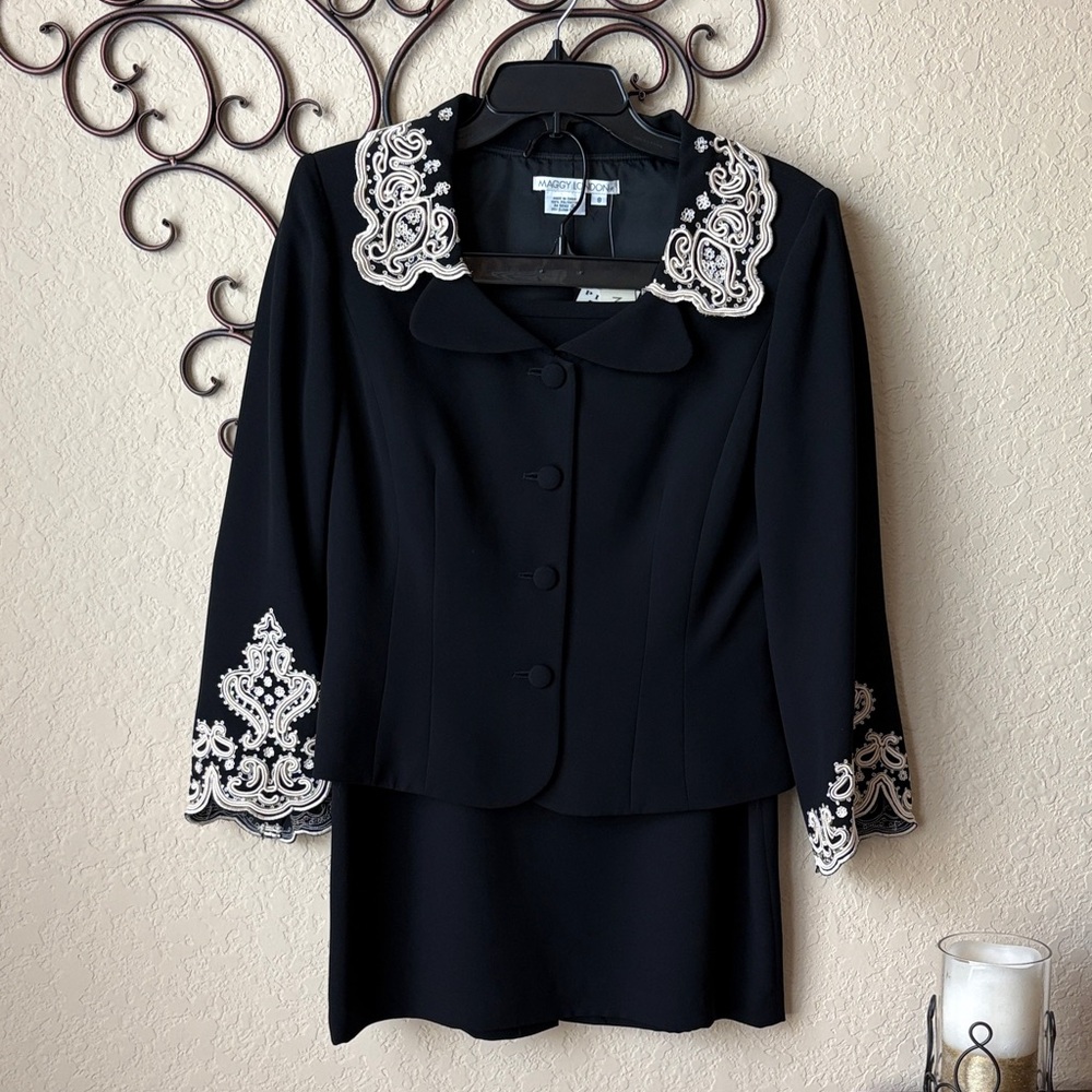 Vintage Elegant Black Suit with Cream Embroidery